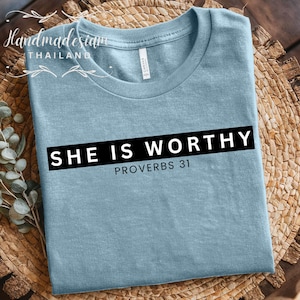 She is Worthy PNG SVG, Women&#39;s Christian Shirts, Cute Christian Coquette Designs, Girly Faith Shirt Ideas, Trendy Christian Shirt Ideas