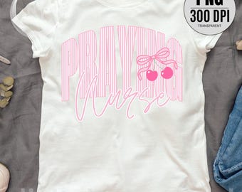 Praying Nurse PNG, Nurse Faith Shirt, Christian Nurse PNG, Cute Coquette Nurse Design, Pink Stripe Bow Cherry, Healthcare Worker Gift