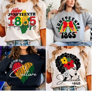 Peut inclure: Quatre designs de t-shirts différents sur le thème de Juneteenth. Les designs comprennent un cœur rouge, jaune et vert avec le texte "Do It For The Culture", une silhouette noire d'une femme avec des fleurs dans les cheveux et le texte "Juneteenth 1865", un arc-en-ciel avec un nœud rouge et le texte "Juneteenth 1865", et une carte d'Afrique rouge, jaune et verte avec le texte "Juneteenth 1865 Property of Nobody".