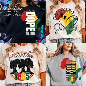 May include: Four different t-shirt designs featuring the colors of the Pan-African flag and the text "Juneteenth". The designs include a silhouette of Africa with the words "Dope" and "Juneteenth", a heart-shaped silhouette of Africa with the words "Stepping into Juneteenth", three silhouettes of women's heads with the text "Juneteenth 1865", and a silhouette of Africa with the words "Freeish 1865".