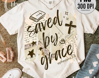 Saved By His Grace PNG, Christian Shirt Graphic, Faith Based Typography, Bible Verse PNG, Retro Christian Tee, Inspirational Faith
