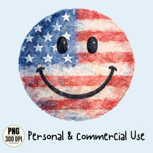 Può includere: Un grafico circolare a forma di faccina sorridente con una texture ad acquerello che riproduce il motivo della bandiera americana con strisce rosse e bianche e un campo blu con stelle bianche. Include due occhi ovali neri e un ampio sorriso.
