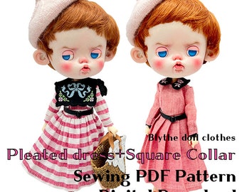 Blythe doll Pleated dress(Square+Flat Collar), Sewing PDF Pattern Digital Download