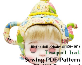 Qbaby doll, Blythe doll(9-10") Teapot hat , Sewing PDF Pattern Digital Download