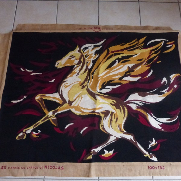 Huge Tapestry, French Vintage, Needlepoint, Completed, "Flying Horse" , Circa 1970's