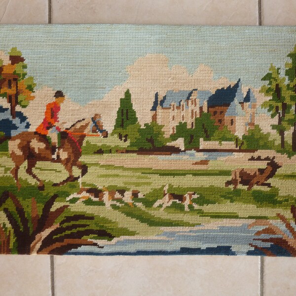 Tapestry, French Vintage, Needlepoint, Completed, "Hunting Near The Chateau", Circa 1970's