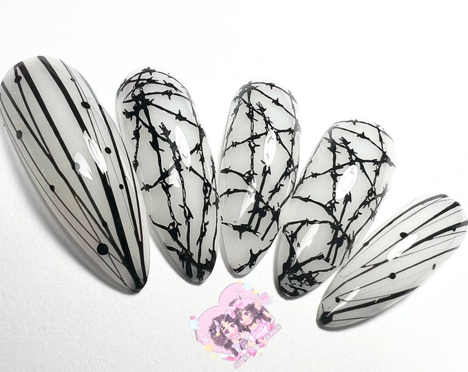 Press On Nails|Barb Wire Nail Design|Goth Style|Exclusive Nail Design|Black Nail Art|Includes Full Set Of 10