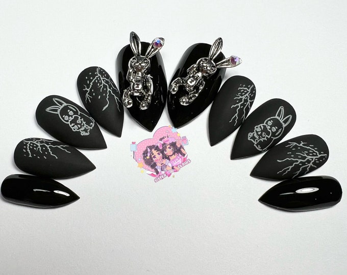 Press On Nails|Angry Bunny|Nail Art|Easter Vibes|Bunny Eating Skull|Gothic Nail Art|Fun Nail Art