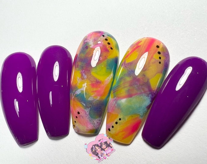 Press On Nails|Rainbow Nail Art|Asymmetrical Nail Art|Hand Painted Nail Design|Summer Nails|Purpl Nails