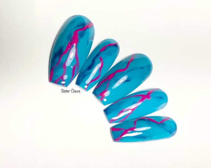 Press On Nails-Summer Lightening-Hot Pink Lightening-Blue Sky