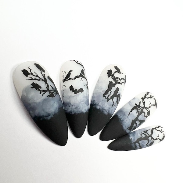 Press On Nails|Creepy Forest|Crow Nails|Black  Nail Art|Gothic Chic|Goth Style