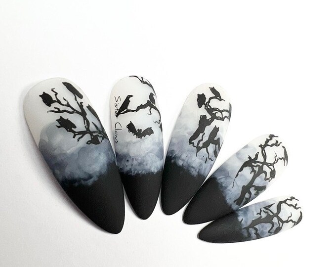 Press On Nails|Creepy Forest|Crow Nails|Black  Nail Art|Gothic Chic|Goth Style