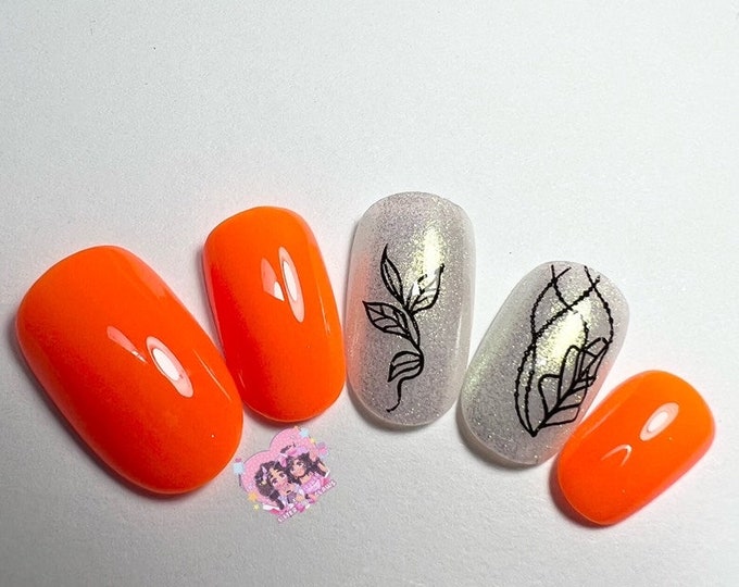 Press On Nails|Enchanted Fall|Fall Fairy|Nails|Includes Full Set Of 10|Bright Orange|Iridescent Accent Nails