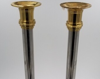 Brass and Metal Tabletop Candlestick Set, Set of 2, Square Base, Brass Candlesticks