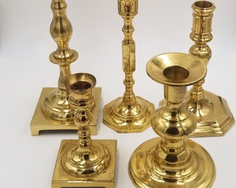 Random Lot of Vintage Brass Candle Holders, Graduated Sizes, For Wedding, Christmas, or Religious Decor, Set of 5, Brass Candlesticks