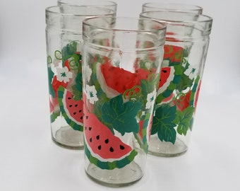 1970s Anchor Hocking Jelly Jar Drinking Glass Tumblers, Watermelon Design, Set of 5, RARE!!