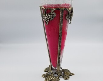 Vintage Crackle Glass Candle Holder/Flower Vase, Art Noveau, Hollywood Regency, Pewter, Grape Vine Design, Made in India