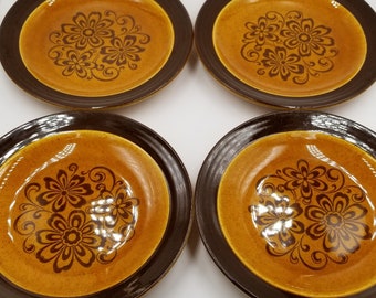 Brown Speckled Flowers Designer Orange 7-18 D Set of 7 Andre Ponche for Homer Laughlin Decostone Gold Glade Salad Plates Floral