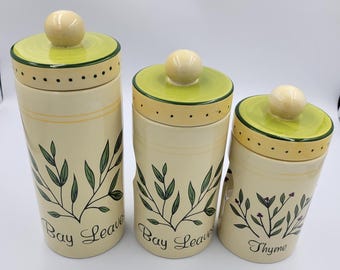 WMG 08 Ceramic Kitchen Canister Set for Herbs, 3-Piece Set, Botanical Herb Graphics, Sage, Parsley, Bay Leaves, Thyme, Farmhouse Cottagecore
