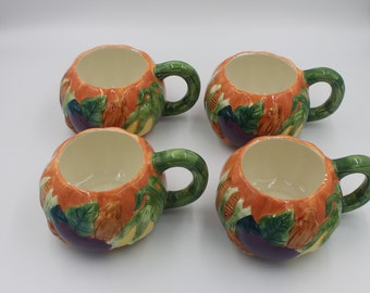 Vintage Fall Harvest Ceramic Soup Mugs,  2 Sets of 4, Each Set Sold Separately, Hand-Painted Pumpkin Mugs, Thanksgiving Chili Bowls