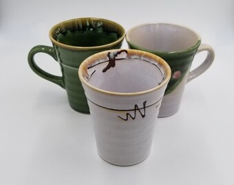 Hand-thrown Pottery Coffee Cups, Set of 3, Coordinating Fall Colors, Beige and Green, Drip Glaze