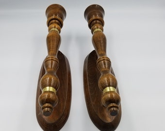 Country Rustic Hanging Wooden Candleholder Sconce, Set of 2, Gold Banded, For Tapered Candles, Great for Cabins