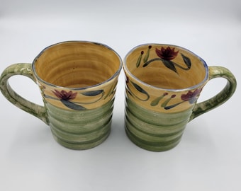Vintage Pier 1 Imports Elizabeth Coffee Mugs, Sold Separately, 6 Available, Red Tulips and Green Swirls, Stoneware, Replacement pieces