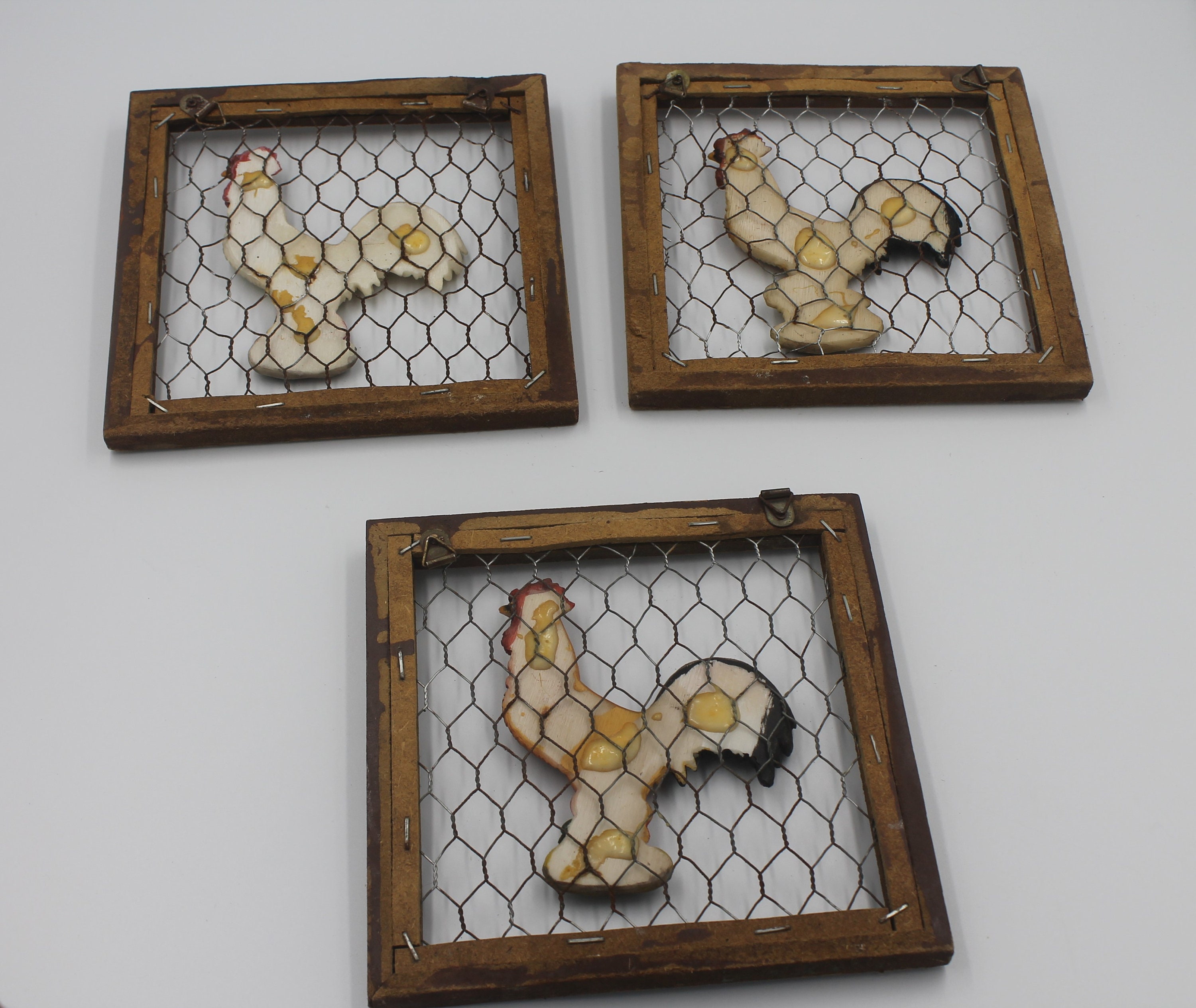 Framed Roosters Shadow Box Chicken Wire 3D Wall Hanging