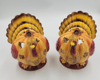 Ceramic Turkey Tealight Votive Candle Holders, Pumpkin Body, Set of 2