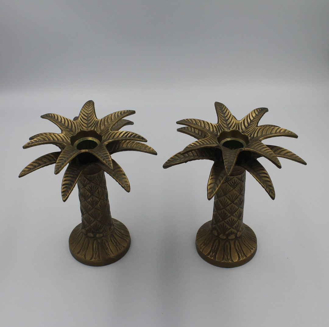 Vintage Brass Palm Tree Candle Holders Set of 2 for Tapered Etsy