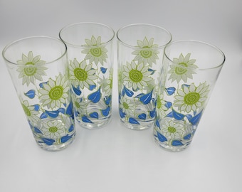 Festive Sunflower Tumblers, Set of 4, Lime Green Flowers and Blue Leaves, Bohemian