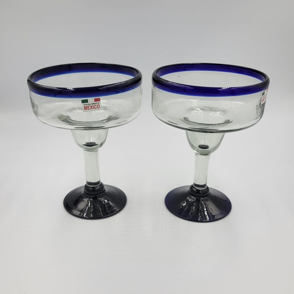 Mexican Clear with Cobalt Blue Trim Margarita Glasses, Set of 2, Bar Ware, Handblown, Cinco de Mayo, Day of the Dead Party