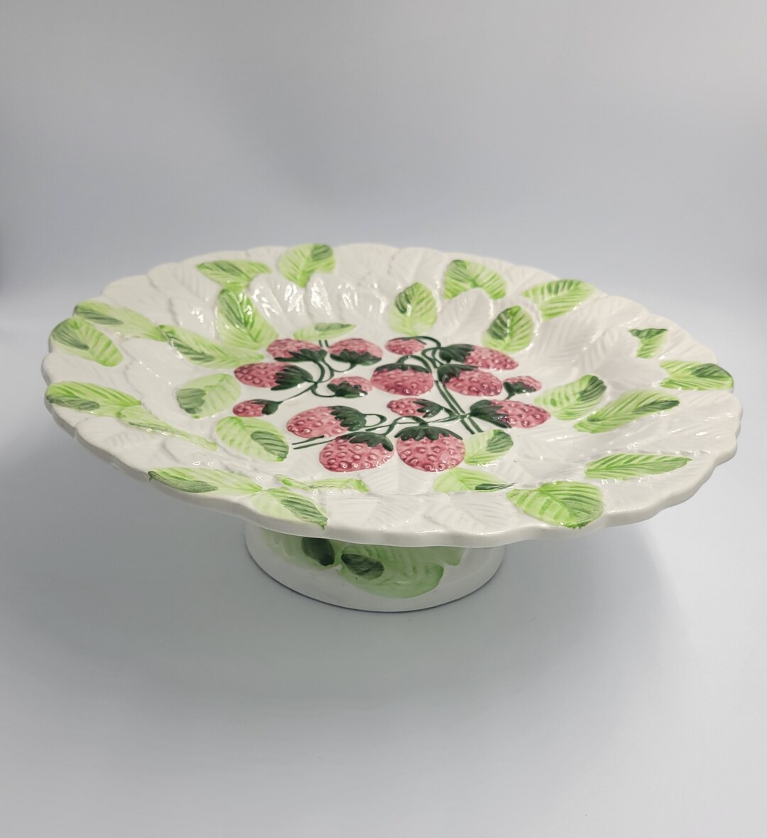 Zrike Pottery Strawberry Pedestal Cake Plate, Majolica Finish, Hand