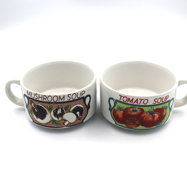 Vintage Action Industries Tomato and Mushroom Soup Mugs, Soup Cups, Soup Bowls, With Handle, Set of 2, Mount Clemens Pottery