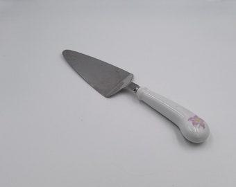 Vintage Cake Server with Ceramic Handle, Stainless Steel, Pink Flower, Made in Japan