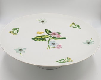 Footed Cake Stand with Floral and Butterfly Motif, Ceramic, Decorative