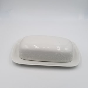 White Butter Dish by Lynn's Stoneware, Embossed Vegetable Imagery on sides image 3