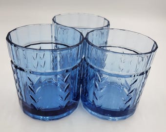 Anchor Hocking Rocks Glasses, Blue Wheat Pattern, Set of 3, MCM, Whiskey Glasses, Replacement Pieces, Bar Ware, Vintage