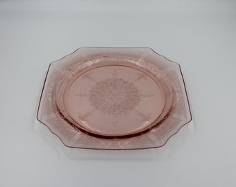 1930s Anchor Hocking Princess Pink Pattern Depression Glass Square 9" Dinner Plate, Single Plate