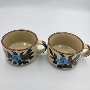 Vintage 1970s Stoneware Soup Mugs, Set of 2, Handpainted Florals, Replacement Pieces