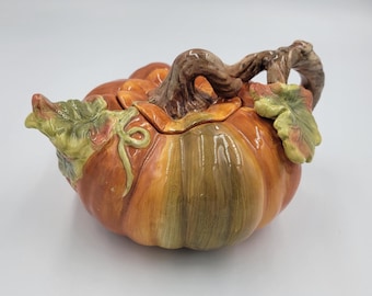 Vintage Harvest Ceramic Pumpkin-Shaped Teapot and Pumpkin-Shaped Covered Treat Jar or Box, In Original Boxes, Halloween Decor, Autumn Decor