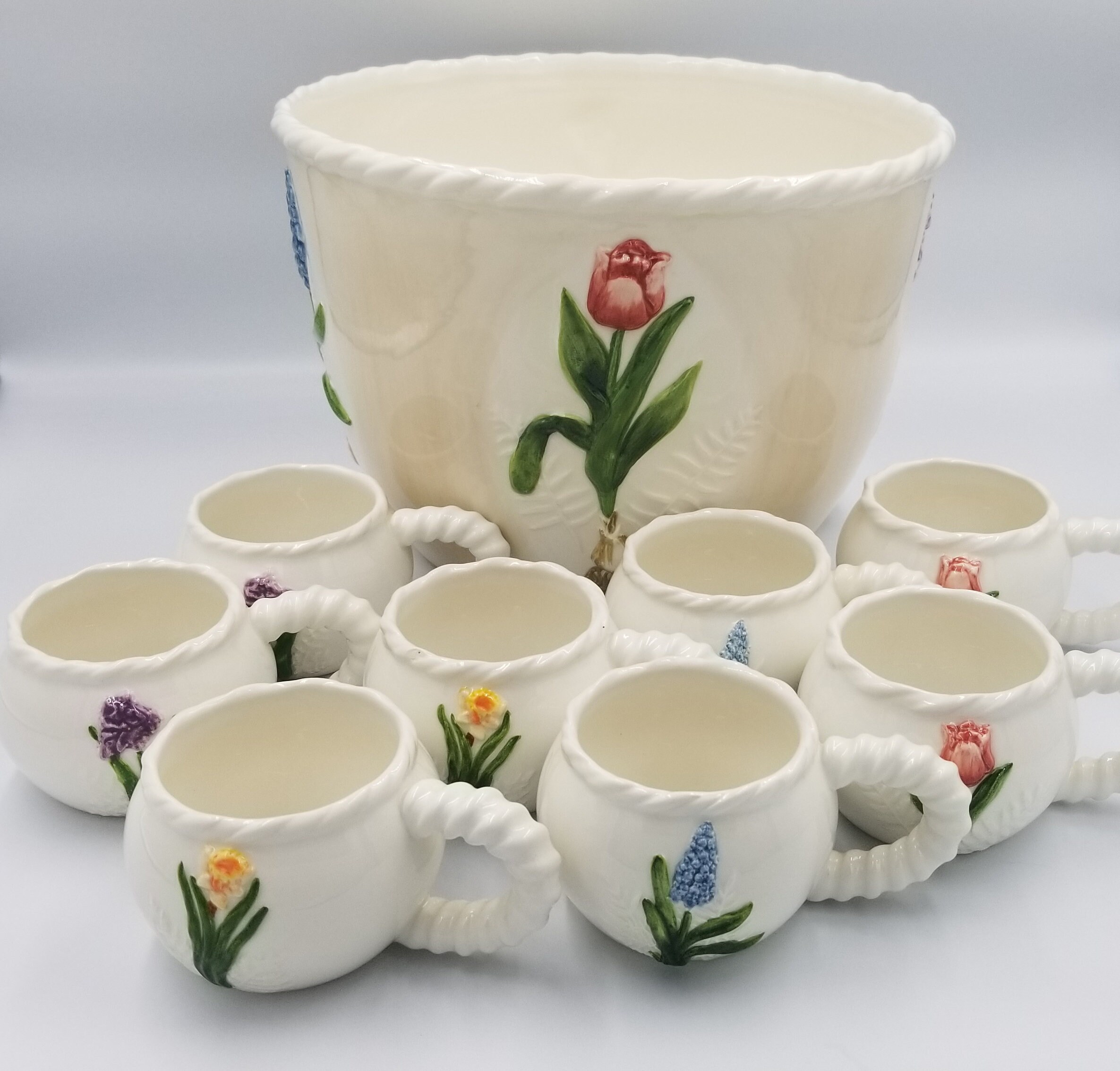 Vintage White Milk Glass Punchbowl & 12 Tea Cup Set Spring Summer
