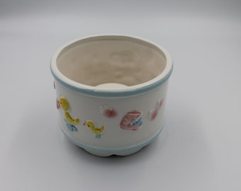 Vintage Relpo Chicago Baby Nursery Planter Music Box, Teddy Bears, Train, Ducks, Booties, Scalloped Base, Rockabye Baby, Made in Japan