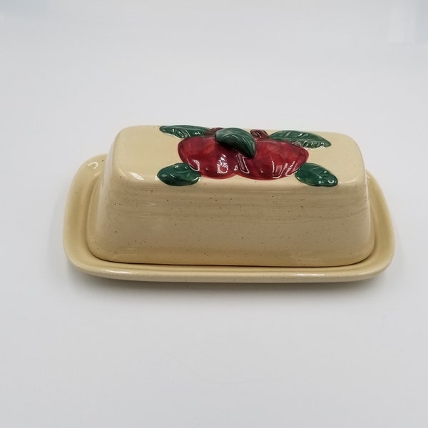 Heavy Glazed Butter Dish with Embossed Red Apples