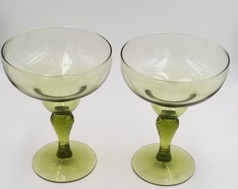 Vintage Textured Stemmed Margarita Glasses, Spring Green, Pebbled, Set of 4