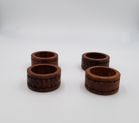 Set of 4 Vintage Carved Wood Napkin Rings