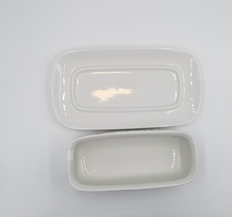 White Butter Dish by Lynn's Stoneware, Embossed Vegetable Imagery on sides image 2