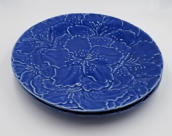 Vintage The Cellar Electric Blue Embosssed Lilies Dinner Plates, Set of 2, Very Rare!!!