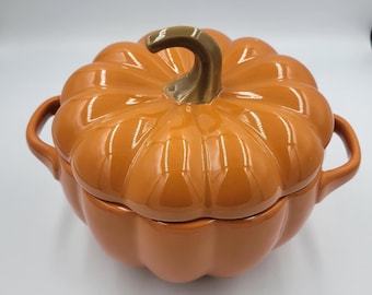 World Market Pumpkin Soup Pot with dual handles, Stoneware, Autumn Cookware, Fall Season Decor