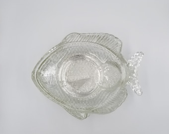 Fish Shaped Glass Snack Plates with Cocktail Sauce holder by Elan, Clear Pressed Glass, Made in Brazil, Set of 6